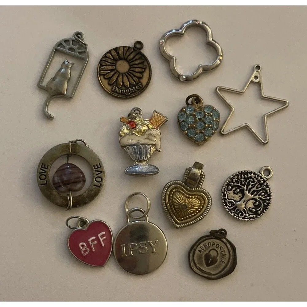 Lot of 12 Pendants, Charms, Etc. Vintage Jewelry, Cat BFF Star Flower  Etc